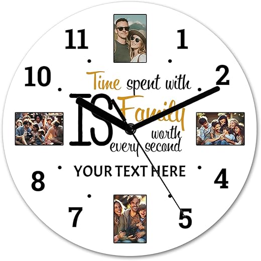 AuduE Custom Photo Wall Clock Family Quote Wood Wall Clock Time Spent with Family Wall Clock 4 Photo Collage Rustic Farmhouse Wall Clock for Living Room Bedroom Kitchen 11.6 Inch, Modern