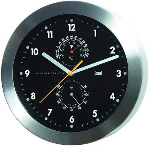 Bai Brushed Aluminum Weather Station Wall Clock, Black