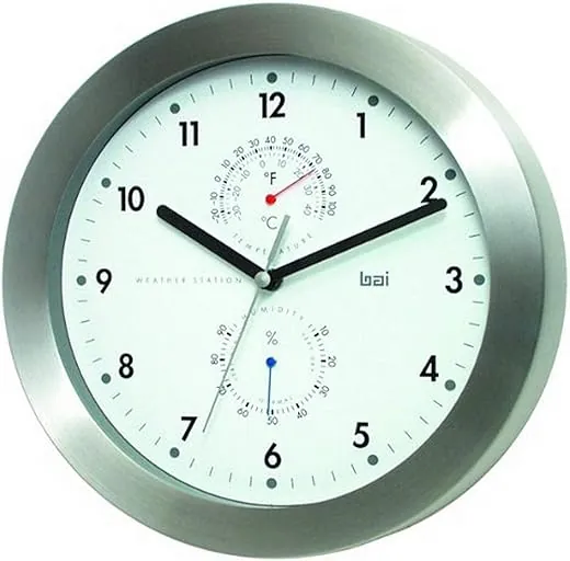 Bai Brushed Aluminum Weather Station Wall Clock, White