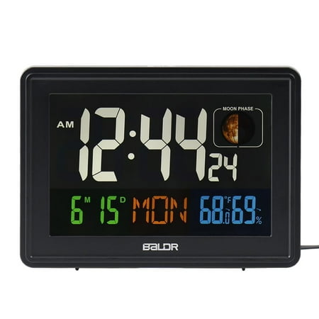 BALDR Atomic Alarm Clock in Color - Digital Clock with Large Display - Calendar & Moon Phase - Indoor Temperature & Humidity - Dimmable Backlight Brightness