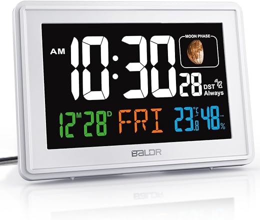 BALDR Atomic Clocks for Bedrooms Digital Large Display - White - Desk Clock with Temperature Indoor and Humidity, Night Stand Clock, Moon Phase Clock, Alarm Clocks for Living Room, Digital Clock Wall