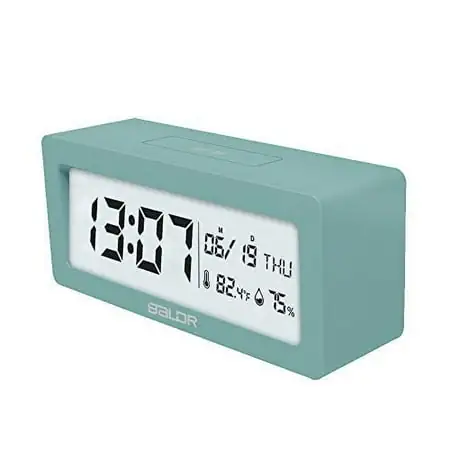 BALDR Compact Digital Alarm Clock with Ultra HD LCD Screen - Clocks for Bedroom, Travel Alarm, Desk Clocks for Office - Battery-Powered, Large Date/Time, Temperature/Humidity Displays (Turquoise)