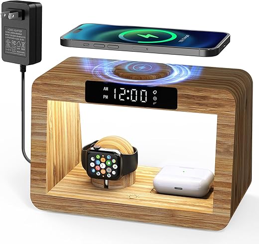 Bamboo Wireless Charging Station,Wireless Charger with Digital Alarm Clock and Night Light, Fast Charger Stand for iPhone 15/14/13/12/11 Pro Max/X/Xs, AirPods Pro, iWatch Series 8/7/6/5/SE