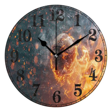 Baseball Ball with Fire Silent Wall Clock 10 Non-Ticking Battery Clock