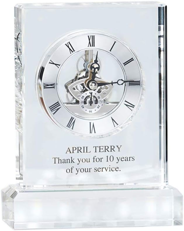 Baudville Engraved 7" Clock Trophy - Clear Crystal with Silver Accents - Silver Inset Time Piece - Personalized Engraving Up to Three Lines and Pre-Written Verse Selection