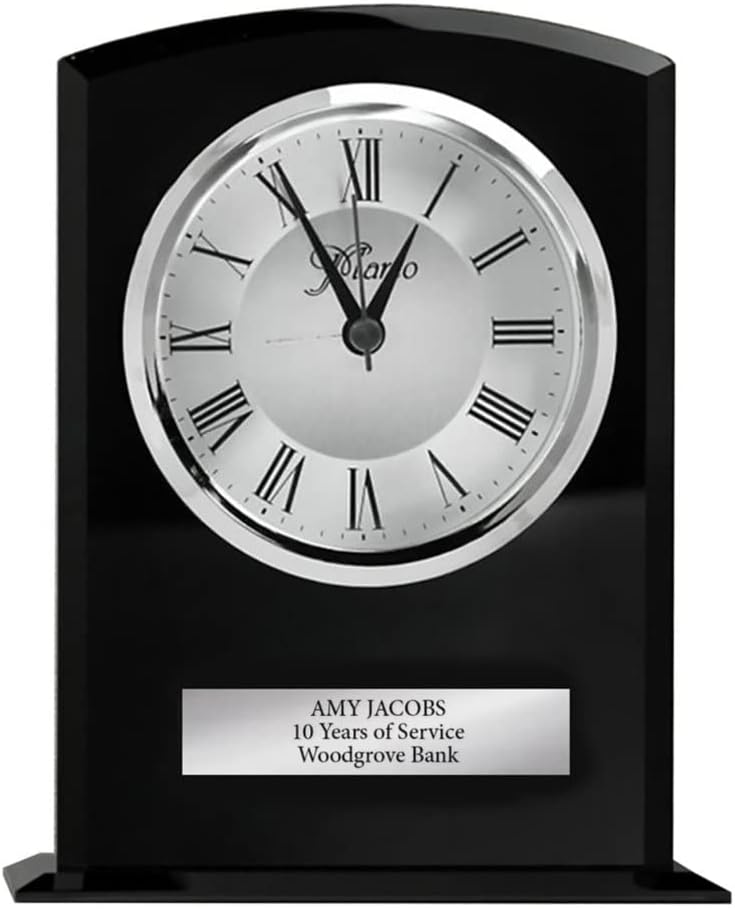 Baudville Engraved Clock Trophy - Clear Crystal with Silver Accents - Silver Inset Time Piece - Personalized Engraving Up to Three Lines and Pre-Written Verse Selection (Elegant Black Glass)