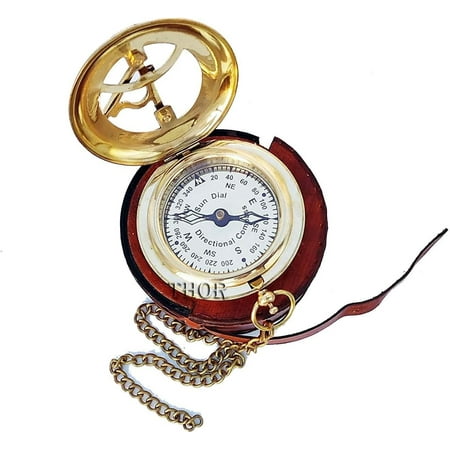 Beautiful Brass Sundial Compass with Brown Leather Case & Chain | Push Open Compass | Camping | Hiking Steampunk | Accessory Brass Finish | Sundial Clock Anniversary | Valentine’s Handmade Gift