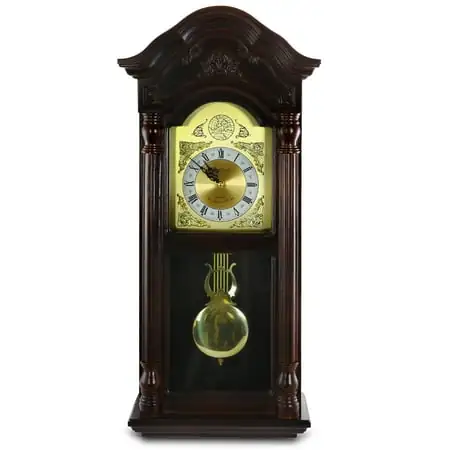 Bedford Clock Collection 25.5 Antique Mahogany Cherry Oak Chiming Wall Clock with Roman Numerals