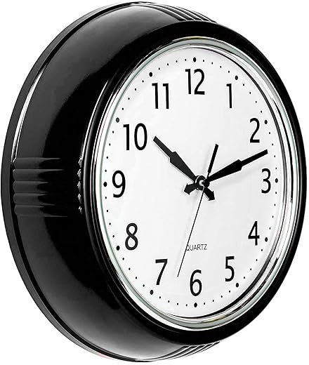 Bernhard Products Black Wall Clock Retro Silent Non Ticking 9.5 Inch Round Battery Operated Quality Quartz Easy to Read for Home Kitchen Office Classroom School Clocks Sweep Movement Vintage Décor