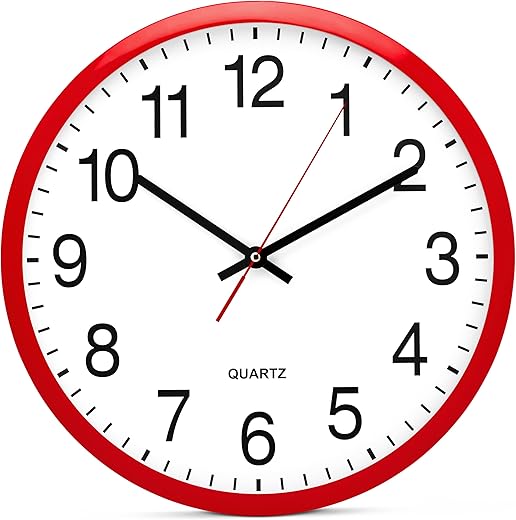 Bernhard Products Red Wall Clock, Silent Non Ticking - 16 Inch Extra Large Quality Quartz Battery Operated Round Easy to Read Home/Office/Business/Kitchen/Classroom/School Clocks