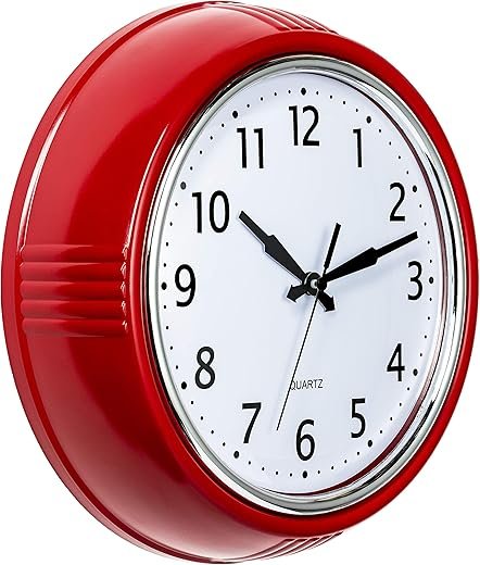 Bernhard Products Retro Wall Clock 9.5 Inch Red Kitchen 50's Vintage Design Round Silent Non Ticking Battery Operated Quality Quartz Clock