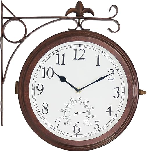 BESTIME 66276A Double Sided Metal Wall Clock with Antique Red Copper. Dial: 10-Inch,Thermometer, Quiet,Easy Read,Retro Station,Antique Hanging Clocks for Garden,Home Decor,Indoor,Outdoor,Living Room.