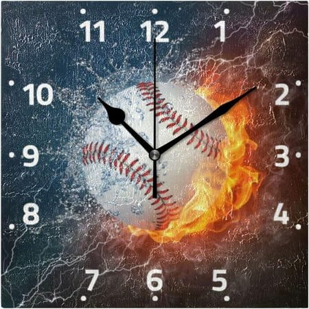 BESTKITTY Baseball Ball in Fire and Water Wall Clock Square Silent Non-Ticking [Battery Operated] Easy to Read Clocks for Home Kitchen Office Classroom Living Room Bedroom