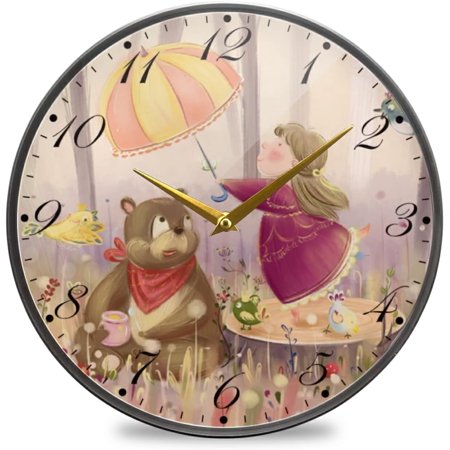 BESTKITTY Bear Fairy Tale Wall Clock Silent Non-Ticking Battery Operated Acrylic Painted Arabic Numerals Clocks 11.9 Inch for Home Kitchen Livingroom Office Classroom