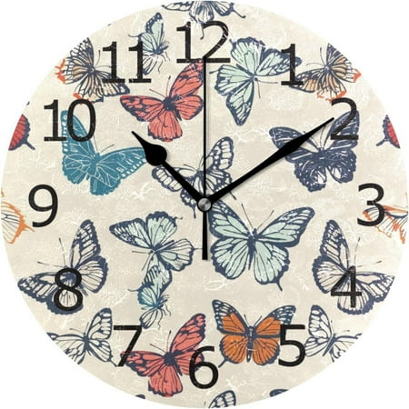 BESTKITTY Beautiful Color Butterflies Acrylic Painted Silent Non-Ticking Round Wall Clock for Garage Basement Restaurant Workshop Wall