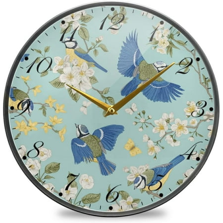 BESTKITTY Birds and Flowers Chinoiserie Wall Clock Silent Non-Ticking Battery Operated Acrylic Painted Arabic Numerals Clocks 9.5 Inch for Home Kitchen Livingroom Office Classroom