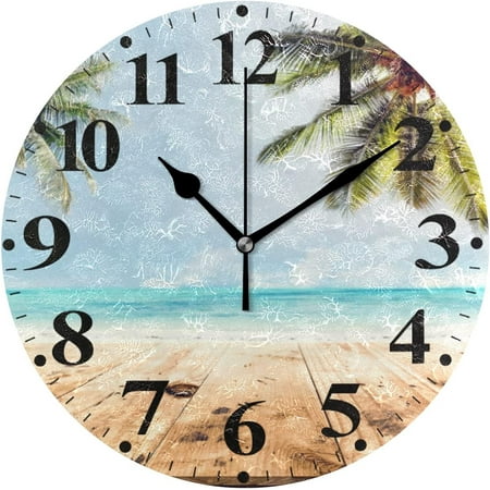 BESTKITTY Blue Beach Coconut Tree Printed Round Wall Clock 9.8 Inch Battery Operated Decor Clock for Living Room