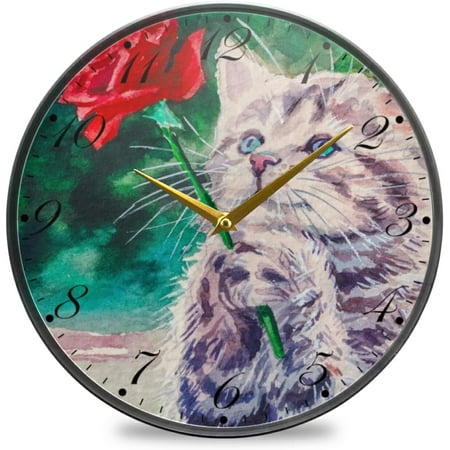 BESTKITTY Cat with Rose Wall Clock Silent Non-Ticking Battery Operated Acrylic Painted Arabic Numerals Clocks 9.5 Inch for Home Kitchen Livingroom Office Classroom