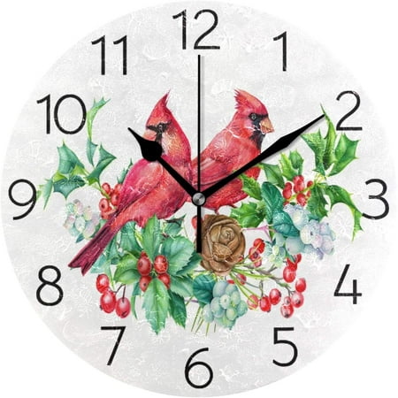 BESTKITTY Christmas Watercolor Beautiful Birds Red Cardinals Wall Clock 9.8 Inch Silent Round Wall Clock Battery Operated Non Ticking Creative Decorative Clock for Kids Living Room Bed