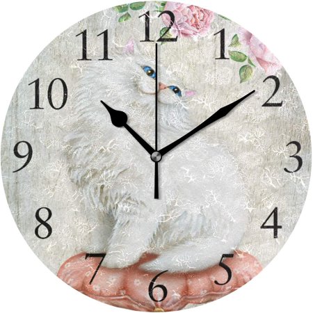 BESTKITTY Cute White Cat Wall Clock 9.8 Inch Silent Round Wall Clock Battery Operated Non Ticking Creative Decorative Clock for Kids Living Room Bedroom Office Kitchen Home Decor