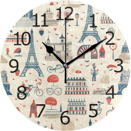 BESTKITTY Non-Ticking Silent Round Wall Clock, Paris London Eiffel Tower London Bridge Colosseum Decorative Clock Home Art for Meeting Room RV Healing Center