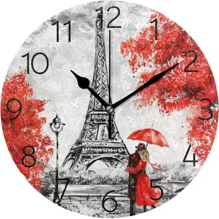 BESTKITTY Paris Eiffel Tower Wall Clock Round Silent Non-Ticking [Battery Operated] Easy to Read Clocks for Home Kitchen Office Classroom Living Room Bedroom