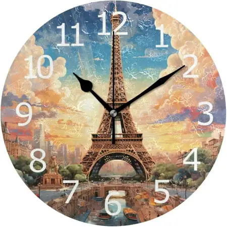 BESTKITTY Paris Magnificence of The Eiffel Tower Clock Acrylic Painted Silent Non-Ticking Round Wall Clock Home Art Bedroom Living Dorm Room Decor