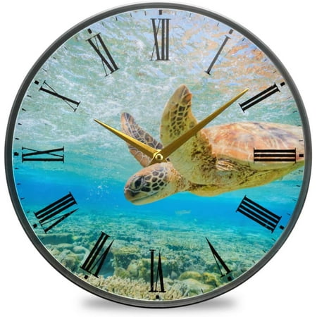 BESTKITTY Sea Turtle Wall Clock Silent Non-Ticking Battery Operated Acrylic Painted Vintage Roman Numerals Clocks 11.9 Inch for Home Kitchen Livingroom Office Classroom