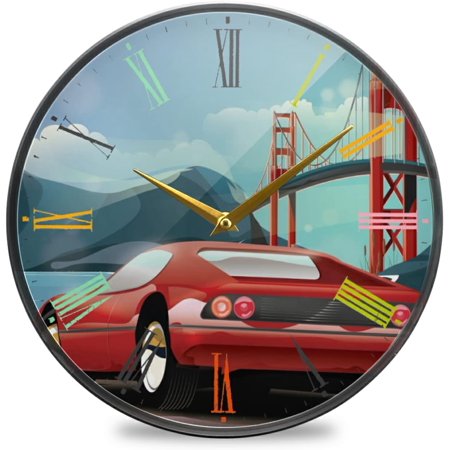 BESTKITTY Sports Car by A Red Bridge Wall Clock Silent Non-Ticking Battery Operated Acrylic Painted Vintage Roman Numerals Clocks 11.9 Inch for Home Kitchen Livingroom Office Classroom