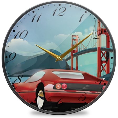 BESTKITTY Sports Car by A Red Bridge Wall Clock Silent Non-Ticking Battery Operated Acrylic Painted Arabic Numerals Clocks 9.5 Inch for Home Kitchen Livingroom Office Classroom