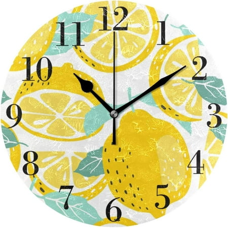 BESTKITTY Summer Slices Lemons Wall Clock 9.8 Inch Silent Round Wall Clock Battery Operated Non Ticking Creative Decorative Clock for Kids Living Room Bedroom Office Kitchen Home Decor