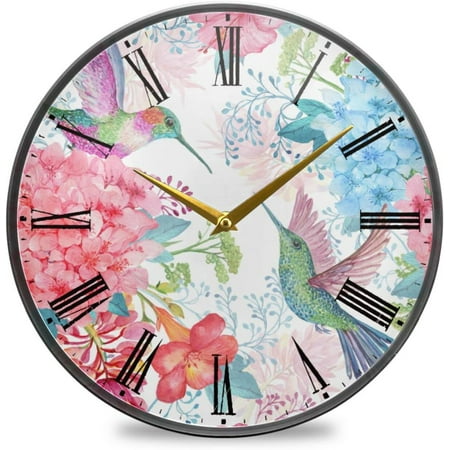 BESTKITTY Tropical Flowers and Hummingbirds Wall Clock Silent Non-Ticking Battery Operated Acrylic Painted Vintage Roman Numerals Clocks 11.9 Inch for Home Kitchen Livingroom Office Classroom