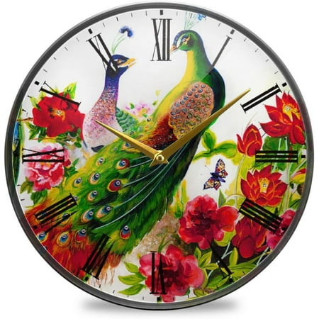 BESTKITTY Vintage Peacock Parrot Flowers Butterfly Wall Clock Silent Non-Ticking Battery Operated Acrylic Painted Vintage Roman Numerals Clocks 11.9 Inch for Home Kitchen