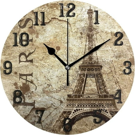 BESTKITTY Vintage Style Paris Eiffel Towers Wall Clock 9.8 Inch Silent Round Wall Clock Battery Operated Non Ticking Creative Decorative Clock for Kids Living Room