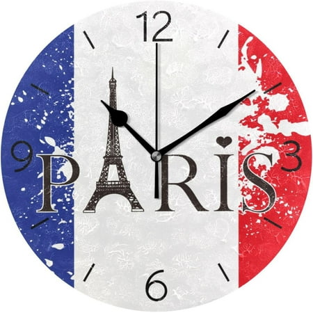 BESTKITTY Wall Clock French Flag Paris Tower Round Clock for Bedroom Living Room Classroom Decorative