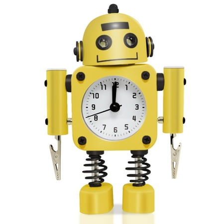 Betus Non-ticking Robot Kids Alarm Clock Stainless Metal - Wake-up Clock with Flashing Eye Lights and Hand Clip (Yellow)