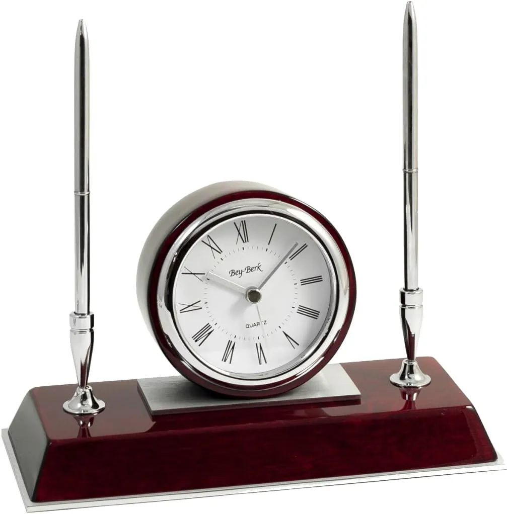 Bey-Berk CM681 Dresden, Lacquered Rosewood Quartz Desk Clock with Chrome & Stainless Steel Accents and 2 Pens, Brown