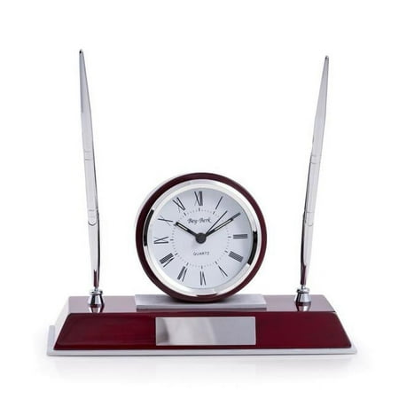 Bey-Berk International Dresden Lacquered Quartz Desk Clock with Chrome & Stainless Steel Accents, 2 Pens - Rosewood & Chrome