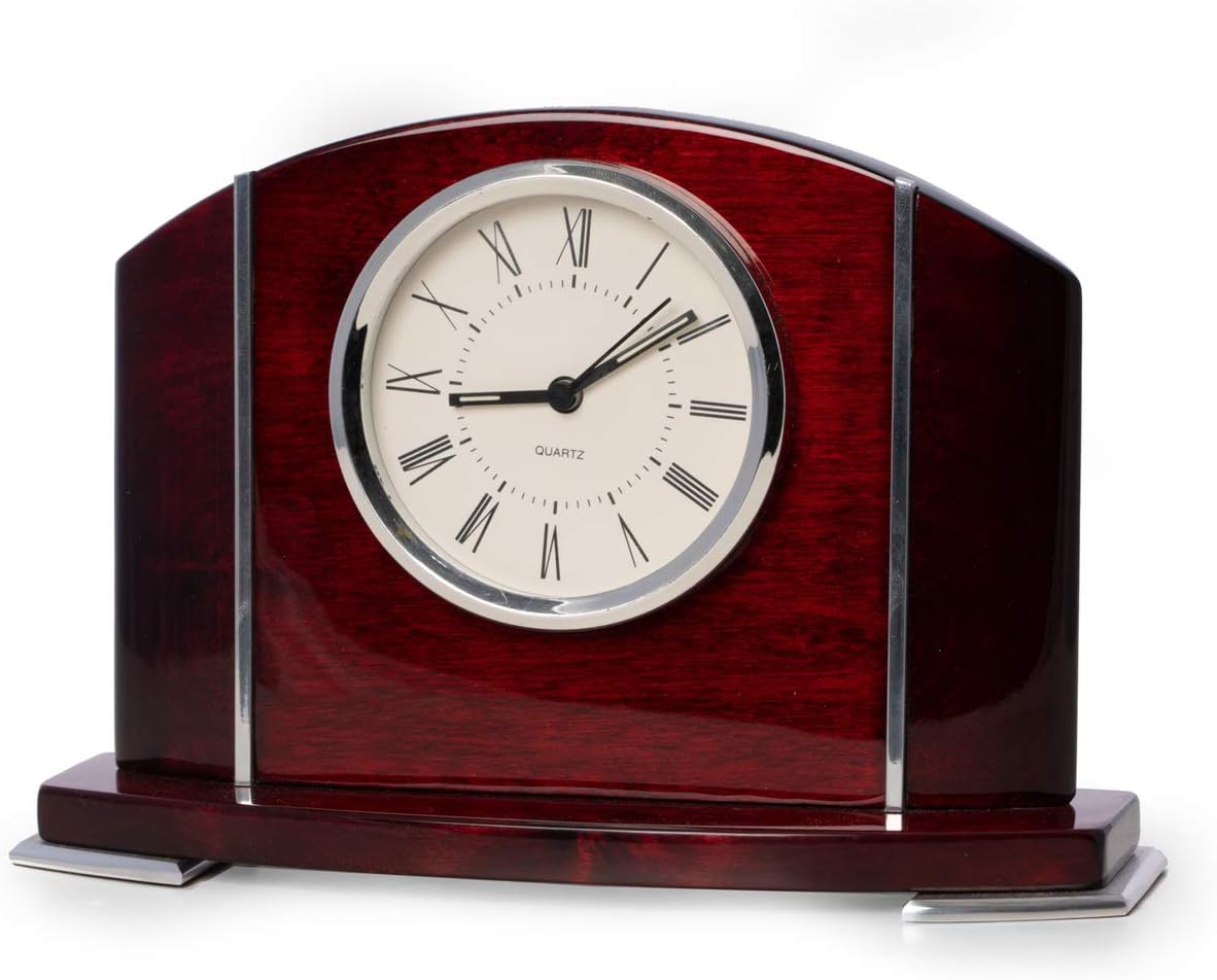 Bey-Berk Lacquered Mahogany Wood Quartz Clock w/Stainless Steel