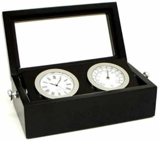 Bey-Berk SQB570T Chrome Clock and Thermometer in Black Hinged Box with Glass Top