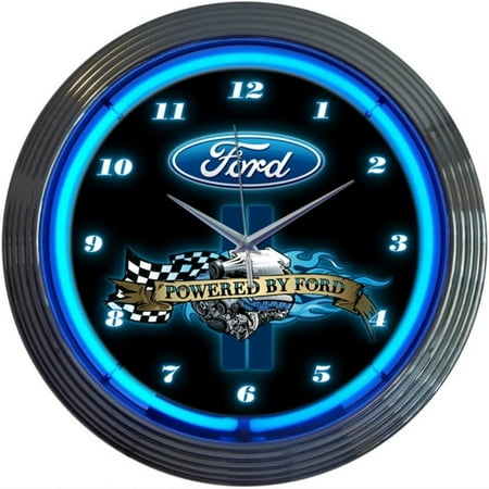 Bilot Powered by Ford Neon Wall Clock, 15, Chrome rim with a single ring of blue neon By Brand Bilot