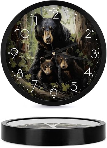 Black Bear Family Wall Clock 10 Inch Silent Non-Ticking Decorative Wall Clocks Battery Operated for Kitchen/Living Room/Bathroom/Bedroom/Office