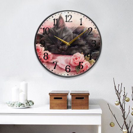 Black Cat with Rose Round Wall Clock 9.5 Inch Non-Ticking Silent Battery Operated Clock for Home Kitchen Office School Decor