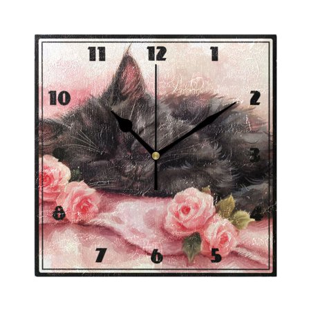 Black Cat with Rose Wall Clock 7.78 Non-Ticking Silent Battery Operated for Home Bedroom Office Kitchen Living Room