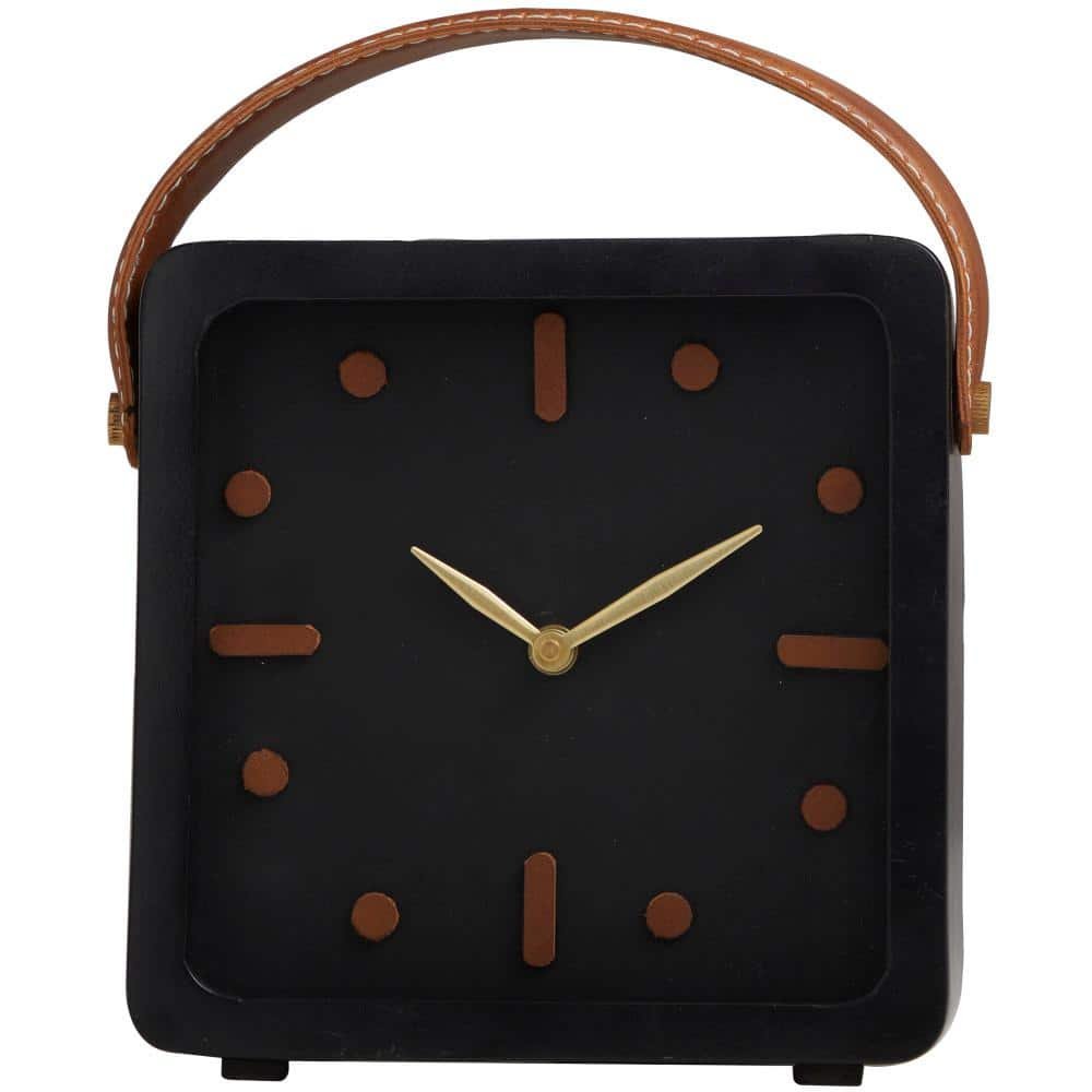 Black Metal Small Clock with Leather Handle and Hour Markers