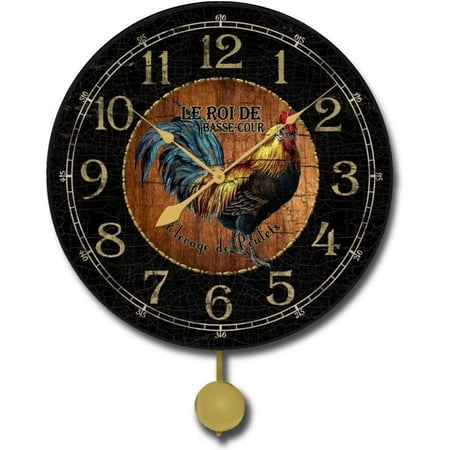 Black & Wood Rooster Pendulum Wall Clock | Ultra Quiet Quartz Mechanism | Hand Made in USA Beautiful Crisp Lasting Color | Comes in 8 Sizes | 10-Inch