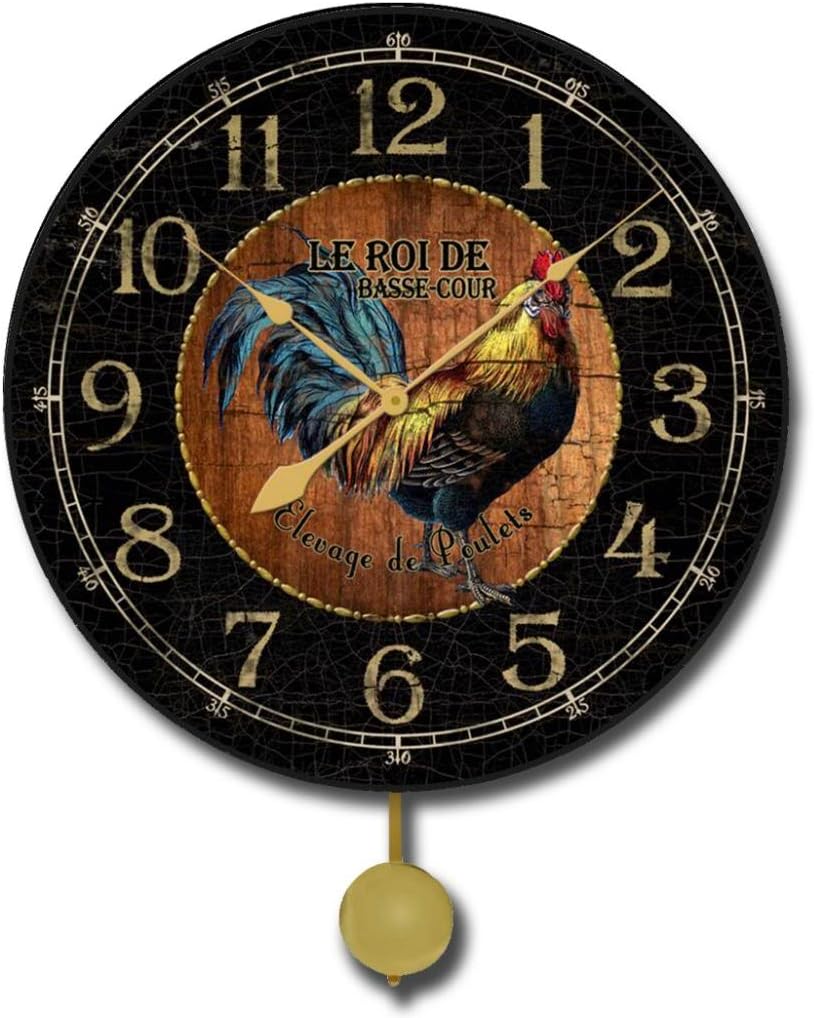 Black & Wood Rooster Pendulum Wall Clock | Ultra Quiet Quartz Mechanism | Hand Made in USA Beautiful Crisp Lasting Color | Comes in 8 Sizes | 24-Inch