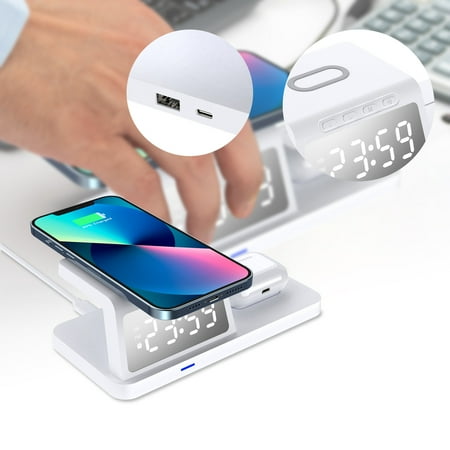 Blaxill Alarm Clock Digital Alarm Clock with USB Charging, Wireless Charging Station with Digital Alarm Clock Charging Station for Multiple Devices 15W Wireless Charger Stand IOS & android