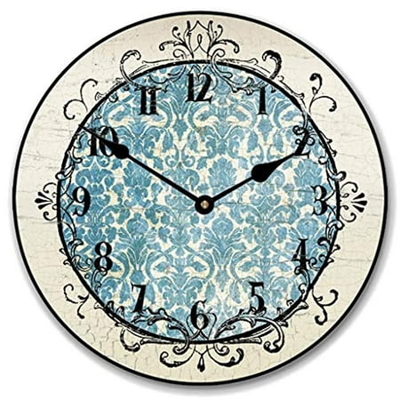 Blue Damask Wall Clock Available in 8 Sizes Most Sizes Ship 2 3 Days Whisper Quiet