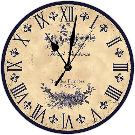 Blue French Wooden Clock Farmhouse Kitchen Clocks Wall Battery Operated Silent Brown Toile French Wall Clock 10 Inch Retro Clock for Housewarming Gift Classroom Easy to Read